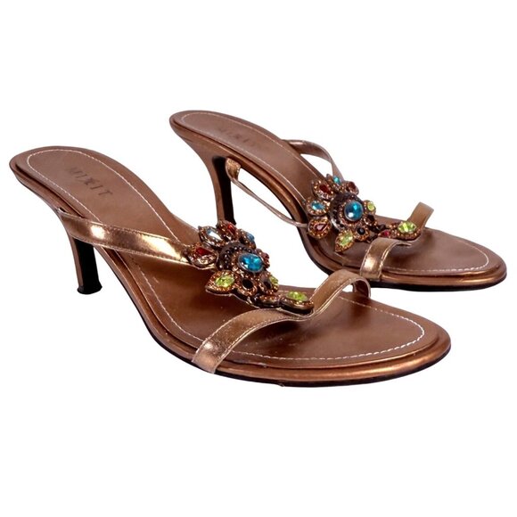 Bronze Strappy Sandals Peacock Rhinestone Accents Kitten Heels Size 8 By MixIt - Picture 2 of 14